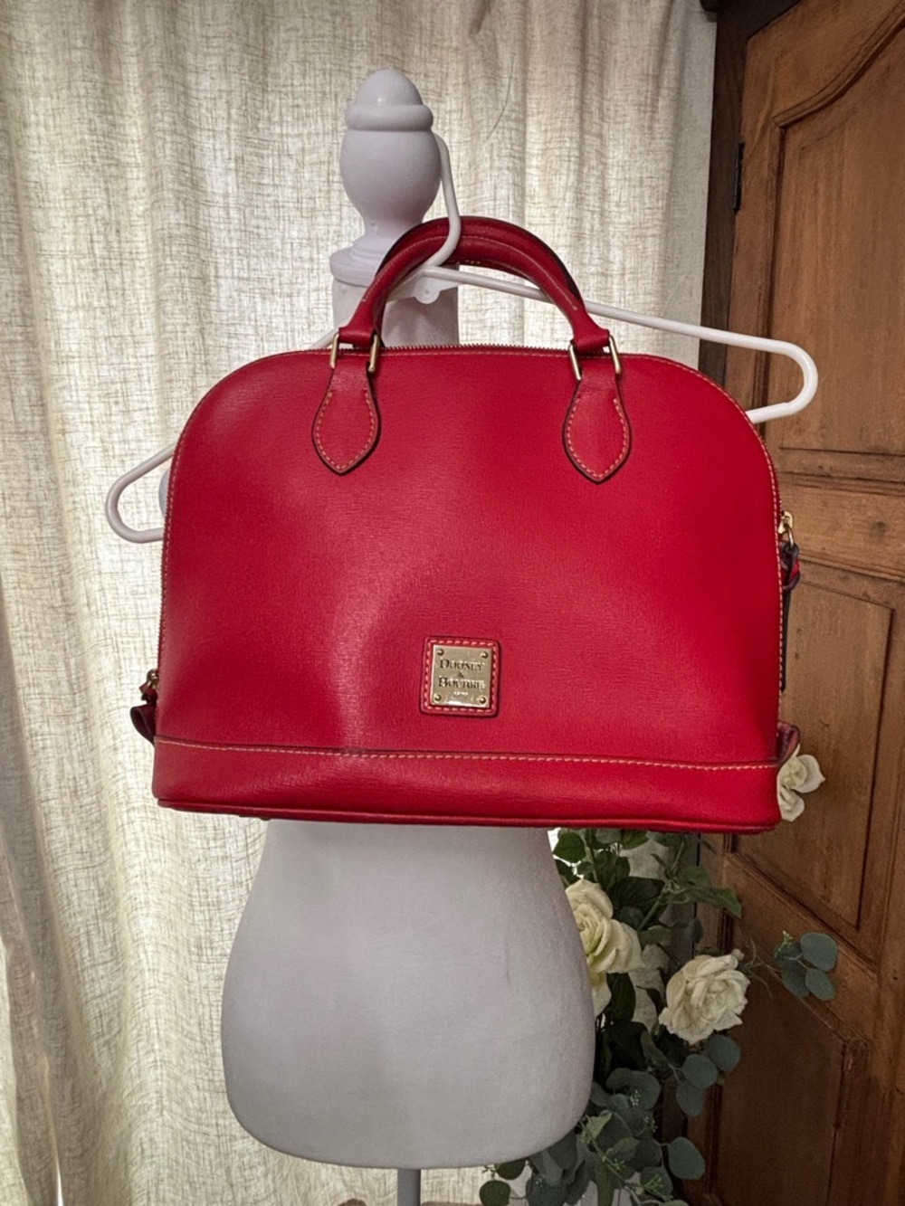 Dooney & Bourke Red Dome-Style Satchel with Gold Hardware